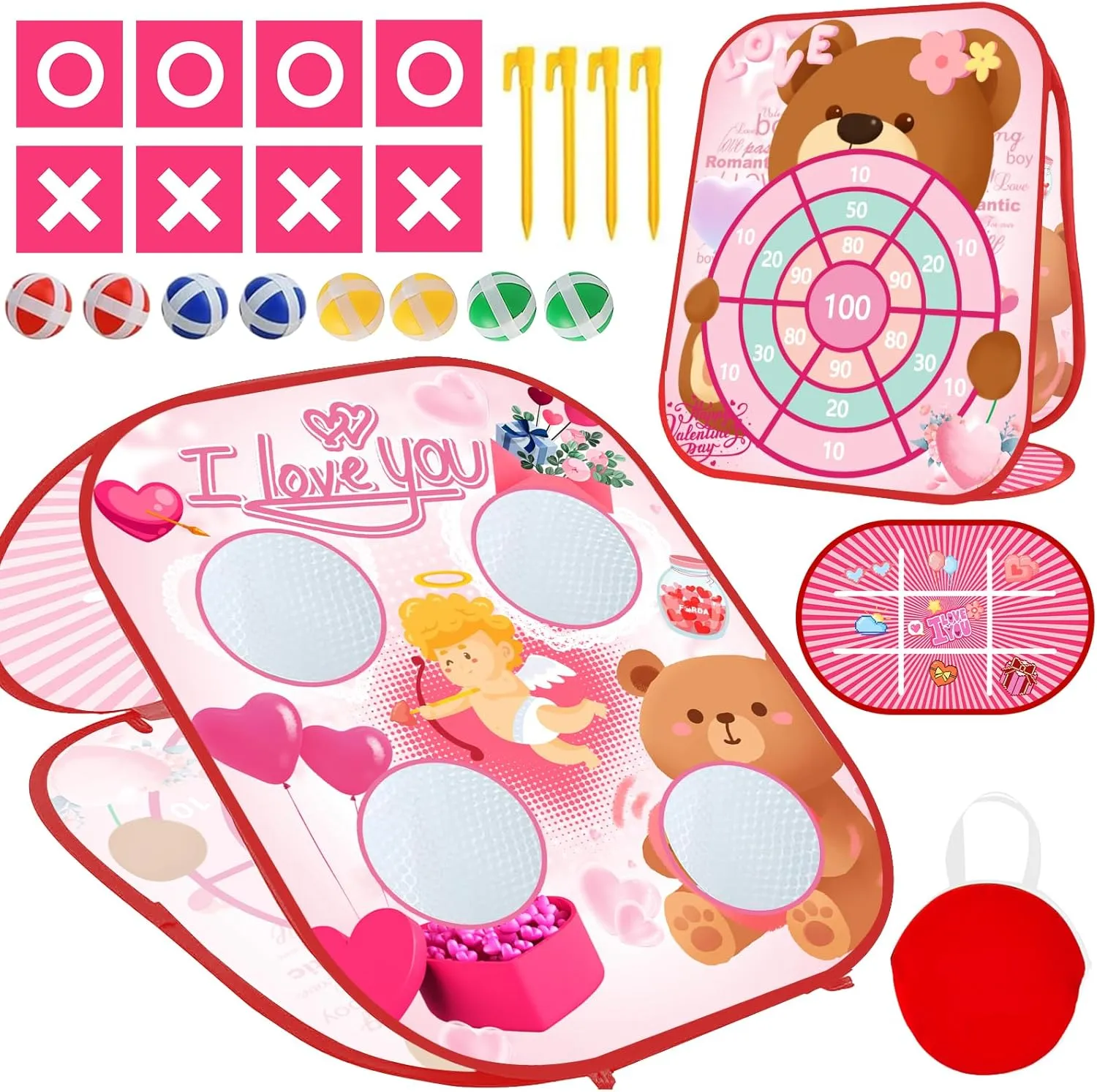 Delaimastor Valentines Bean Bag Toss Game, Kids Outdoor Games, Double-Sided Foldable Corn Hole Board, Red, Fabric, Bean Bag Game Sets, Game Set, Game