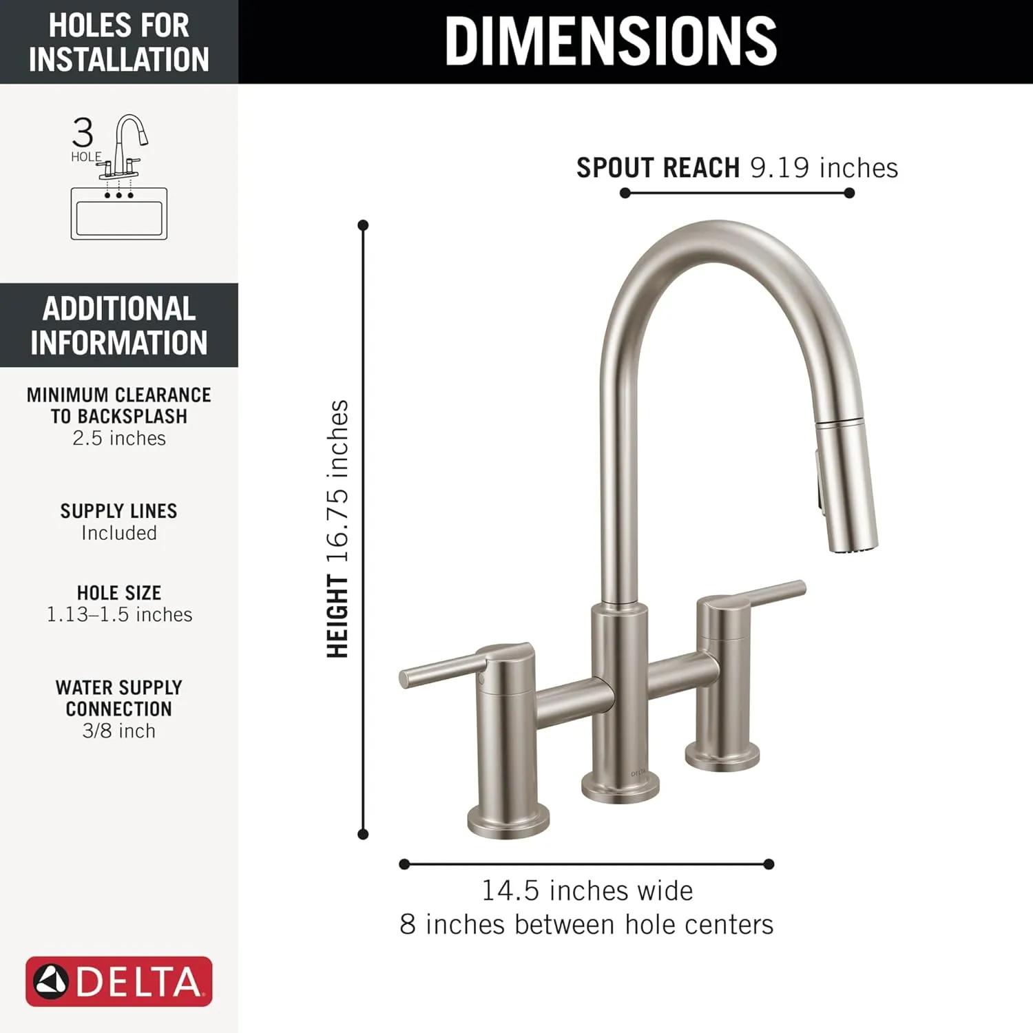 Delta 39876LF Nicoli 1.8 GPM Single Hole Pull Down Bridge Kitchen Faucet - Brilliance Stainless