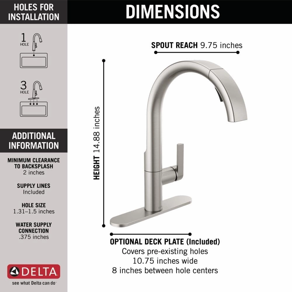 Delta Faucet Keele Kitchen Faucet with Pull Down Sprayer, Brushed Nickel Kitchen Sink Faucet, Modern Kitchen Faucet, Kitchen Sink Faucet, Single Hole Kitchen Faucet, Spotshield Stainless 19824LF-SP