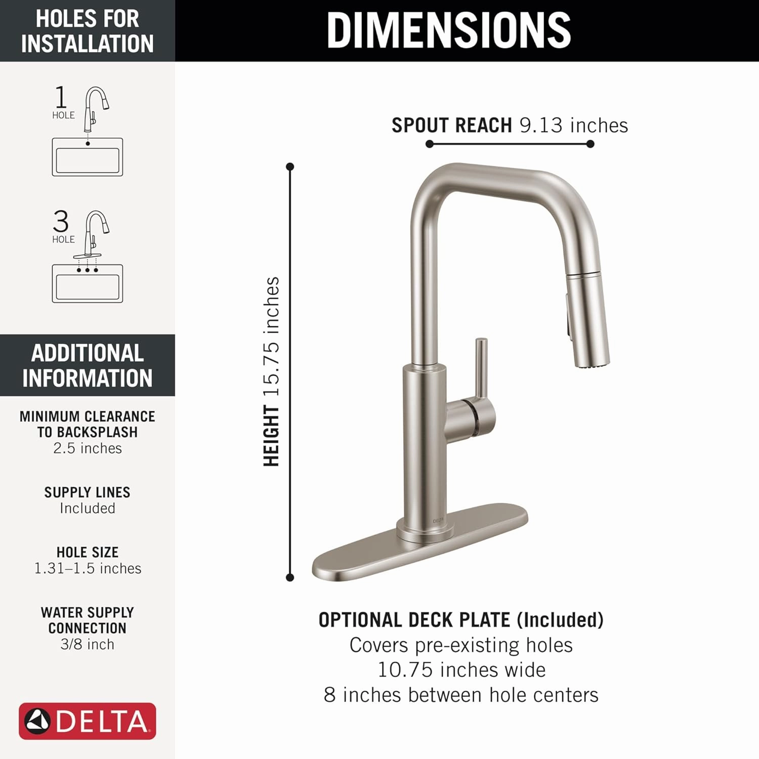 Delta Faucet Nicoli U-Spout Kitchen Faucet with Pull Down Sprayer, Brushed Nickel Kitchen Sink Faucet, Modern Kitchen Faucet, Single Hole Kitchen Faucet, Stainless Steel 19868LF-SS