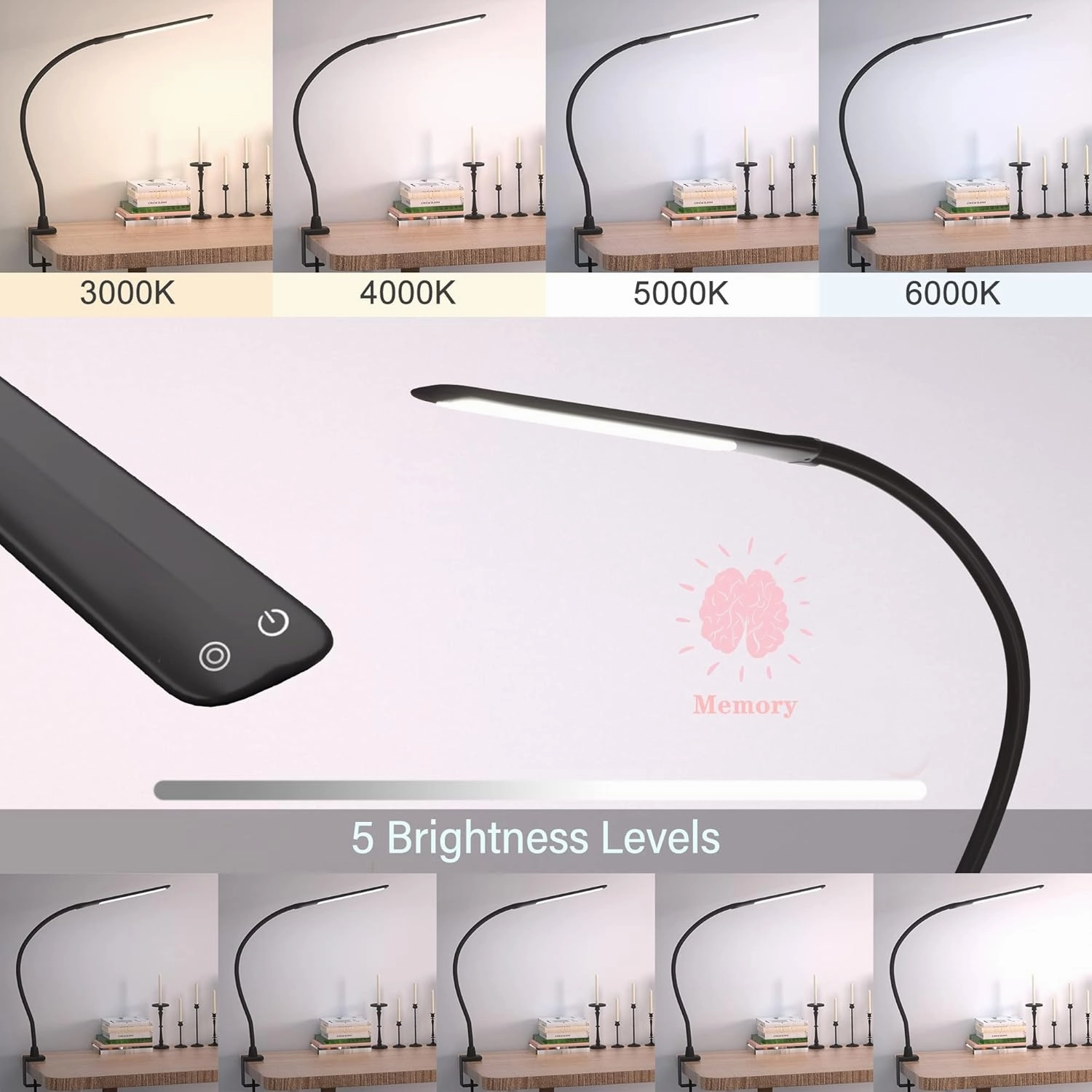 Desk Lamps for Home Office, 10W Clamp Lamp Dimmable Gooseneck Lamp Touch Control, Adjustable Desk Light for Workbench Tabletop (Black)
