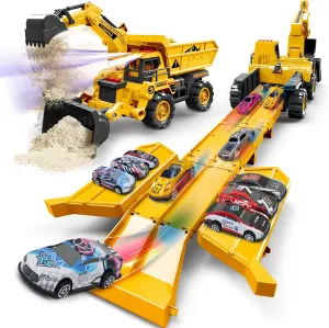 Die-cast Construction Toy Trucks Set w/Semi Truck with 6 Small Toy Cars, 4-in-1 Mini Excavator, Bulldozer, Engineering Vehicles Toddler Toys w/Lights & Sounds, Model Kids Toys for Ages 5-7