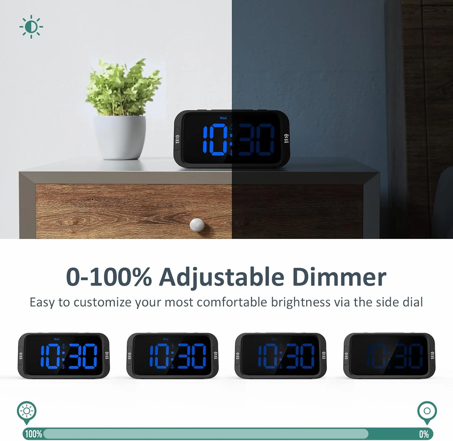 Digital Dual Alarm Clock for Bedroom, Easy to Set, 0-100% Dimmer, USB Charger, 5 Sounds Adjustable Volume, Weekday/Weekend Mode, Snooze, 12/24Hr, Battery Backup, Compact for Bedside(Blue)
