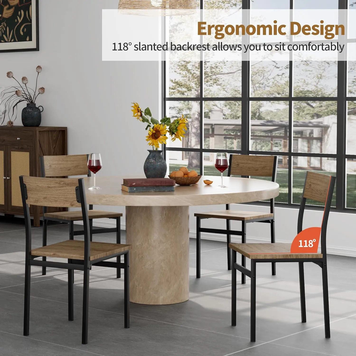 Dining Chairs Set of 4, Rustic Wood Dining Room Chairs with Metal Steel Frame & Slat Back, Modern Farmhouse Chair for Kitchen, Living Room (Walnut)