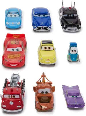DISNEY STORE Official Cars Figure Set – 9 Fully Sculpted Disney Figures Including Lightning McQueen, Tow Mater & More in Double-Tiered Box with Scenic Backgrounds