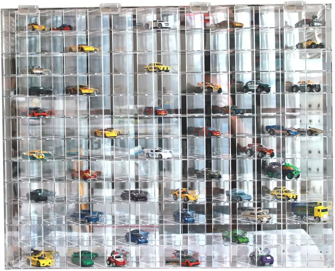 DisplayGifts Clear Acrylic Display Case for 1:64 Scale Hot Toy Cars Wheels Model Cars Display with 144 Compartments in 45 Degree Angle, Clear, UV Protect 22.5 X 30.4 X 3 Inches, Wall Mounted Storage
