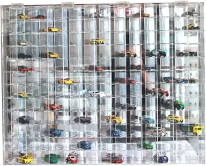 DisplayGifts Clear Acrylic Display Case for 1:64 Scale Hot Toy Cars Wheels Model Cars Display with 144 Compartments in 45 Degree Angle, Clear, UV Protect 22.5 X 30.4 X 3 Inches, Wall Mounted Storage