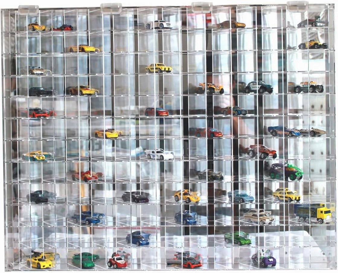 DisplayGifts Clear Acrylic Display Case for 1:64 Scale Hot Toy Cars Wheels Model Cars Display with 144 Compartments in 45 Degree Angle, Clear, UV Protect 22.5 X 30.4 X 3 Inches, Wall Mounted Storage