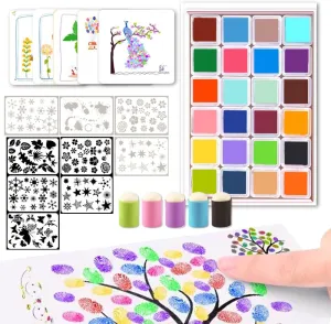 Diy Sponge Finger Painting Kit with 12/24 Colors Ink Pad, 5 Finger Sponge Daubers, 9 Stencils, 30 Drawing Card - Funny Toddler Fingers Paint Set Colourful Painting Supplies for Craft Art Card Making (24 Colors)