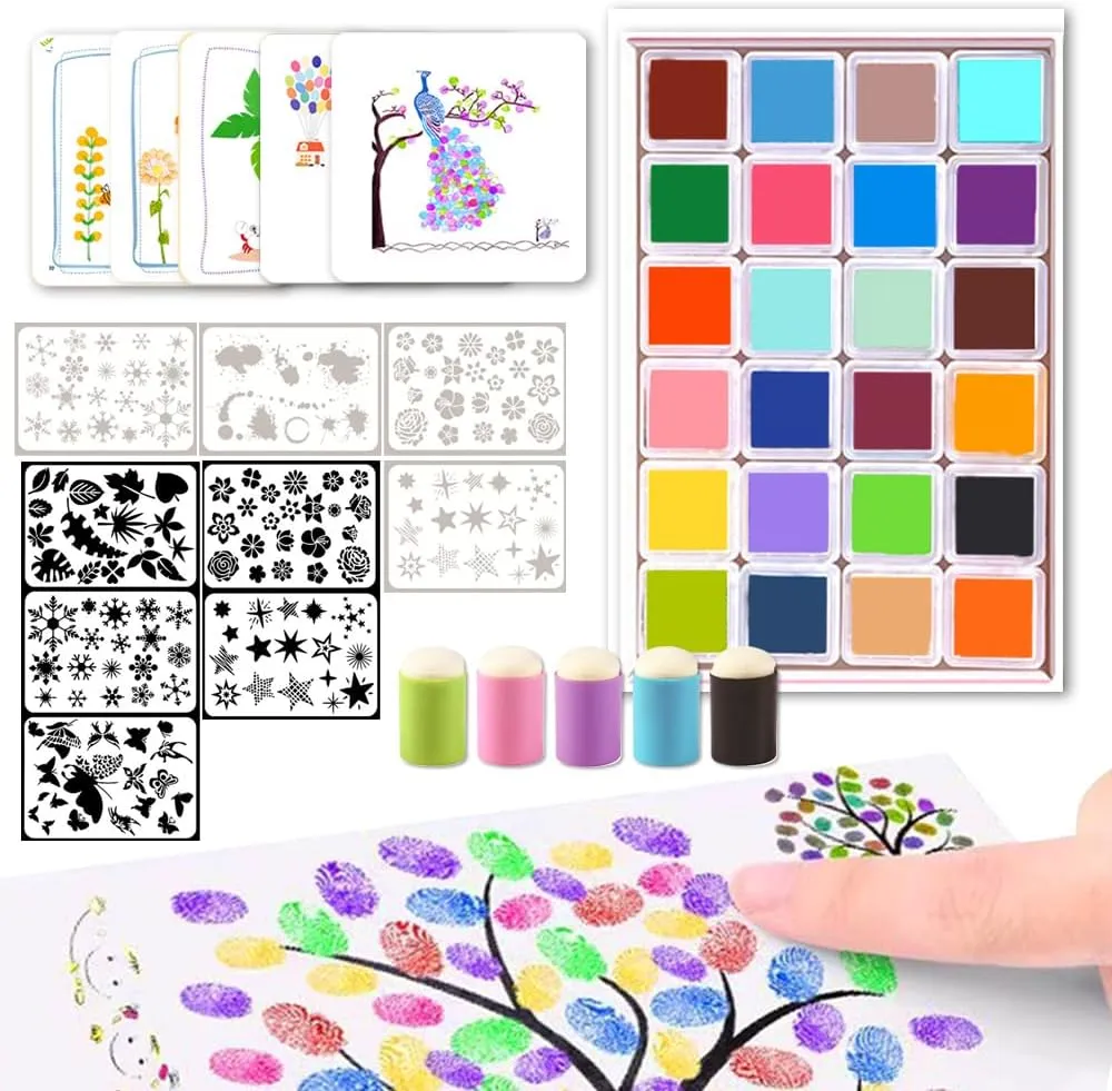 Diy Sponge Finger Painting Kit with 12/24 Colors Ink Pad, 5 Finger Sponge Daubers, 9 Stencils, 30 Drawing Card - Funny Toddler Fingers Paint Set Colourful Painting Supplies for Craft Art Card Making (24 Colors)
