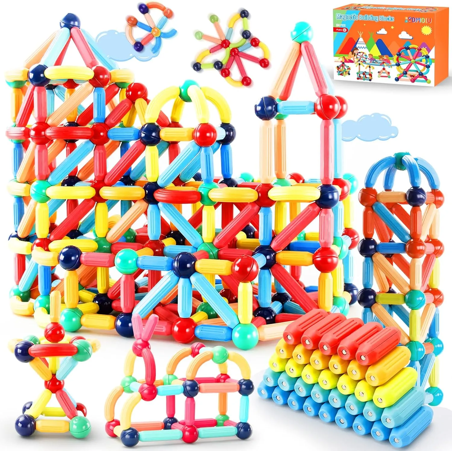 DMOlU 64PCS Magnetic Building Toy for Kids Stem Educational Toys for Toddlers Montessori Learning Magnetic Sticks and Balls,Gift for Christmas Birthday