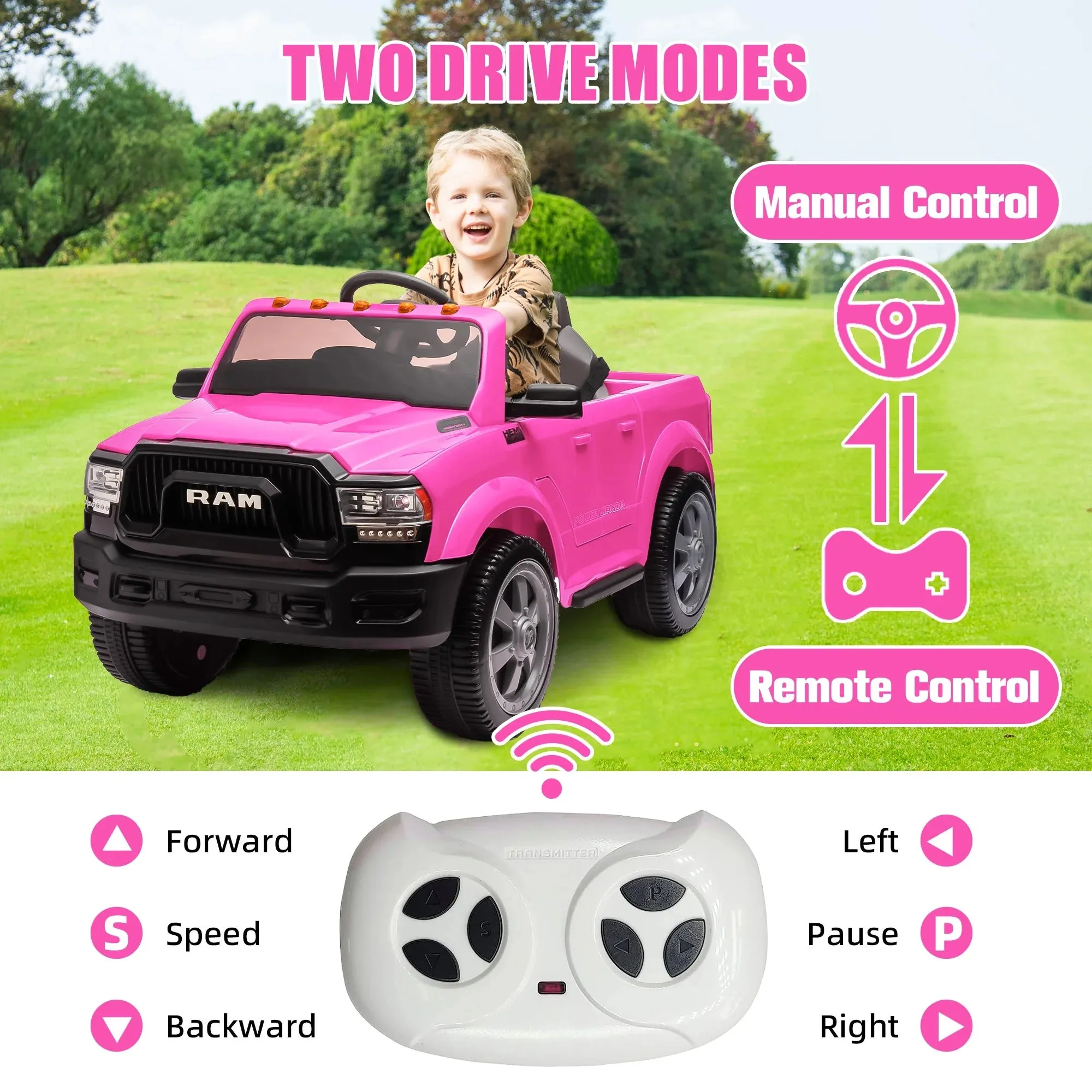 Dodge RAM Ride on Car, 12V Powered Ride on Toy with Remote Control, Rear Wheel Suspension, 5 Point Safety Belt, MP3 Player, Bluetooth, LED Lights, Electric Vehicles for 3-8 Years Boys Girls, Pink