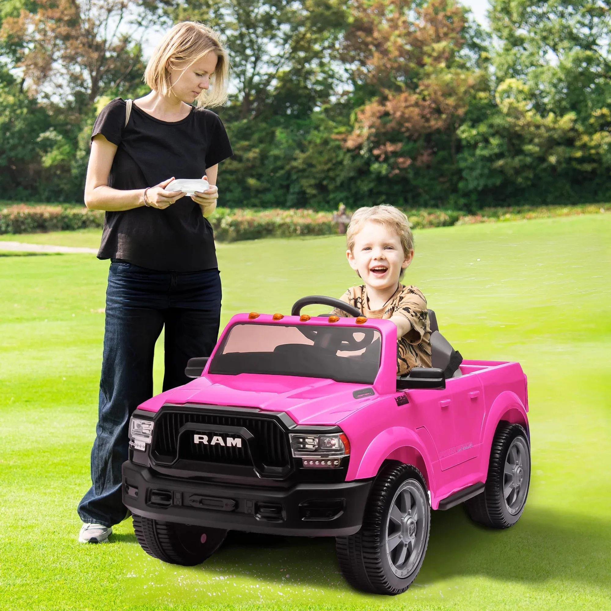 Dodge RAM Ride on Car, 12V Powered Ride on Toy with Remote Control, Rear Wheel Suspension, 5 Point Safety Belt, MP3 Player, Bluetooth, LED Lights, Electric Vehicles for 3-8 Years Boys Girls, Pink