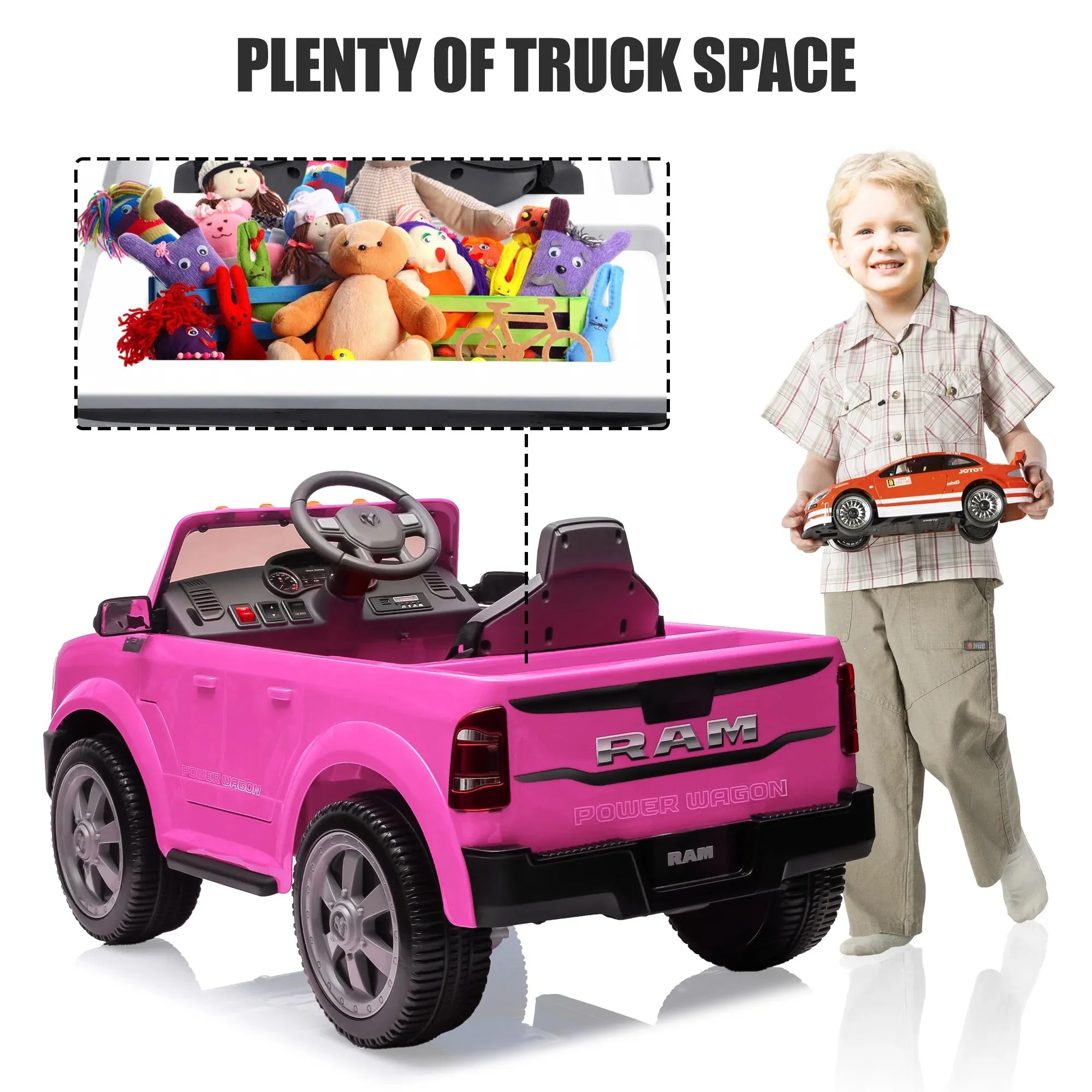 Dodge RAM Ride on Car, 12V Powered Ride on Toy with Remote Control, Rear Wheel Suspension, 5 Point Safety Belt, MP3 Player, Bluetooth, LED Lights, Electric Vehicles for 3-8 Years Boys Girls, Pink