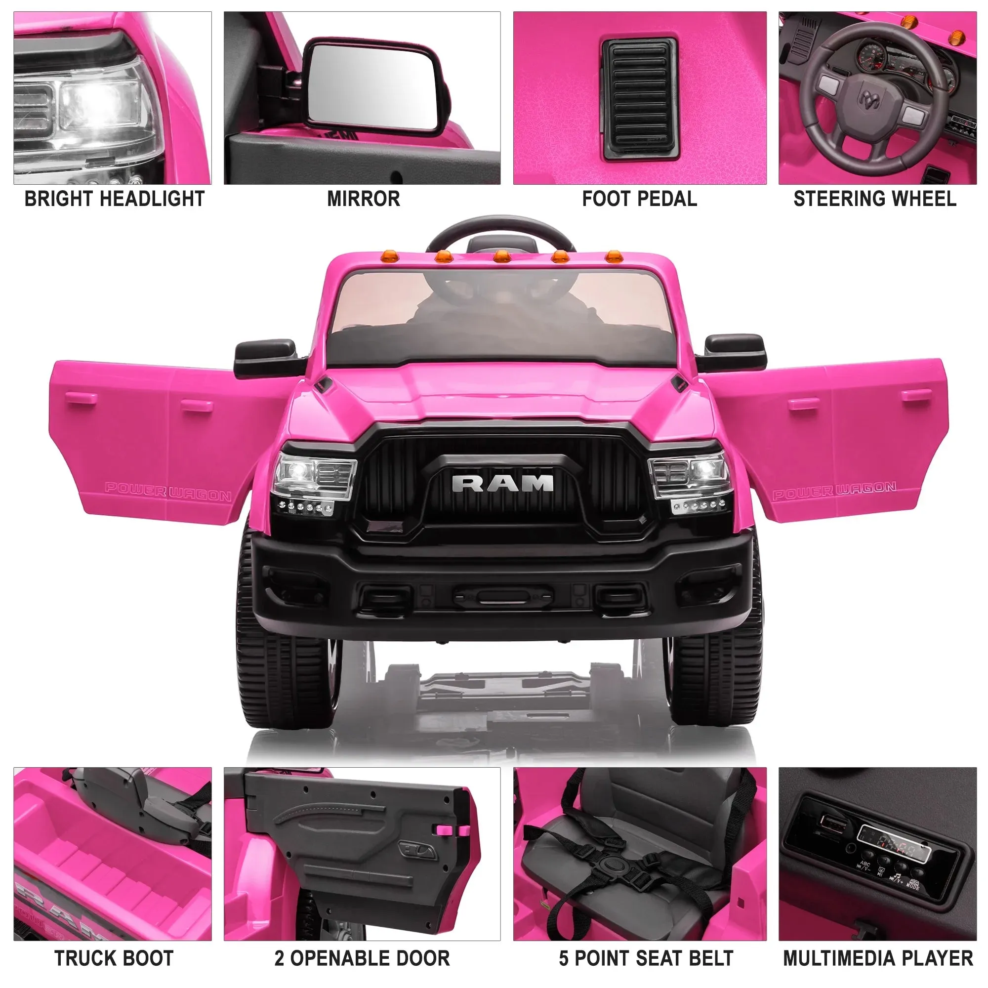 Dodge RAM Ride on Car, 12V Powered Ride on Toy with Remote Control, Rear Wheel Suspension, 5 Point Safety Belt, MP3 Player, Bluetooth, LED Lights, Electric Vehicles for 3-8 Years Boys Girls, Pink
