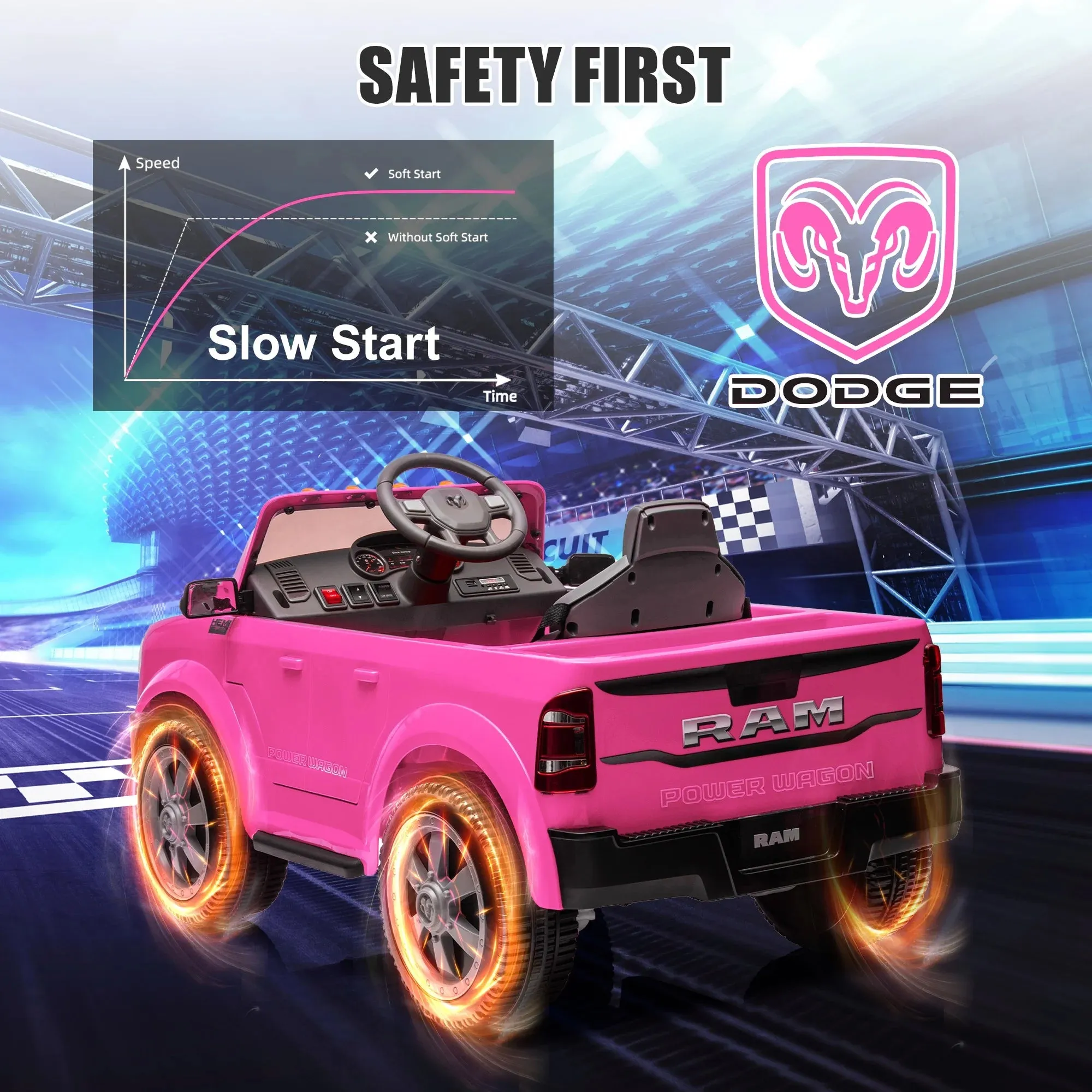 Dodge RAM Ride on Car, 12V Powered Ride on Toy with Remote Control, Rear Wheel Suspension, 5 Point Safety Belt, MP3 Player, Bluetooth, LED Lights, Electric Vehicles for 3-8 Years Boys Girls, Pink