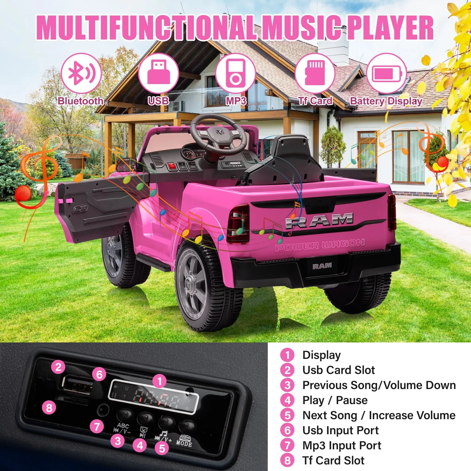 Dodge RAM Ride on Car, 12V Powered Ride on Toy with Remote Control, Rear Wheel Suspension, 5 Point Safety Belt, MP3 Player, Bluetooth, LED Lights, Electric Vehicles for 3-8 Years Boys Girls, Pink