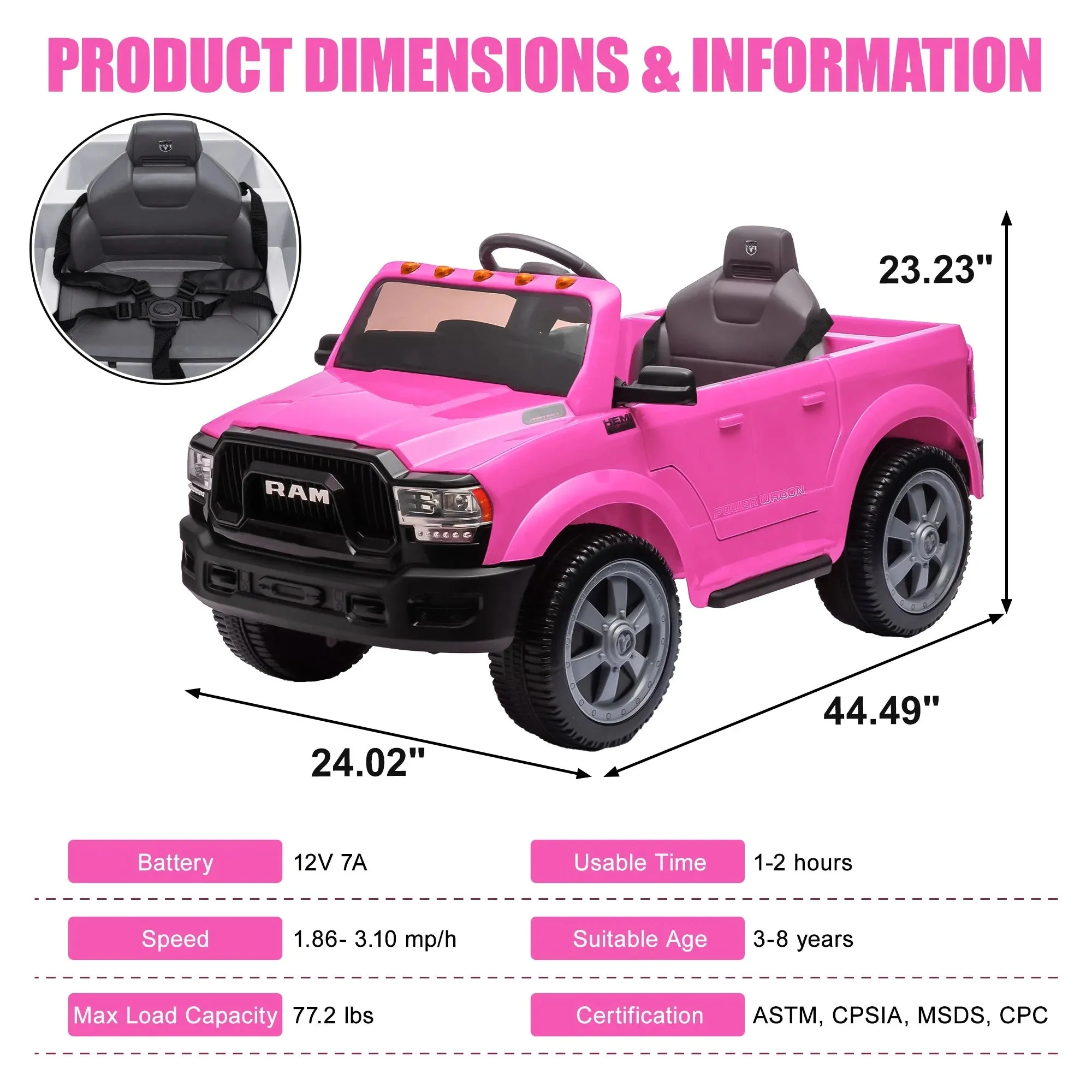 Dodge RAM Ride on Car, 12V Powered Ride on Toy with Remote Control, Rear Wheel Suspension, 5 Point Safety Belt, MP3 Player, Bluetooth, LED Lights, Electric Vehicles for 3-8 Years Boys Girls, Pink