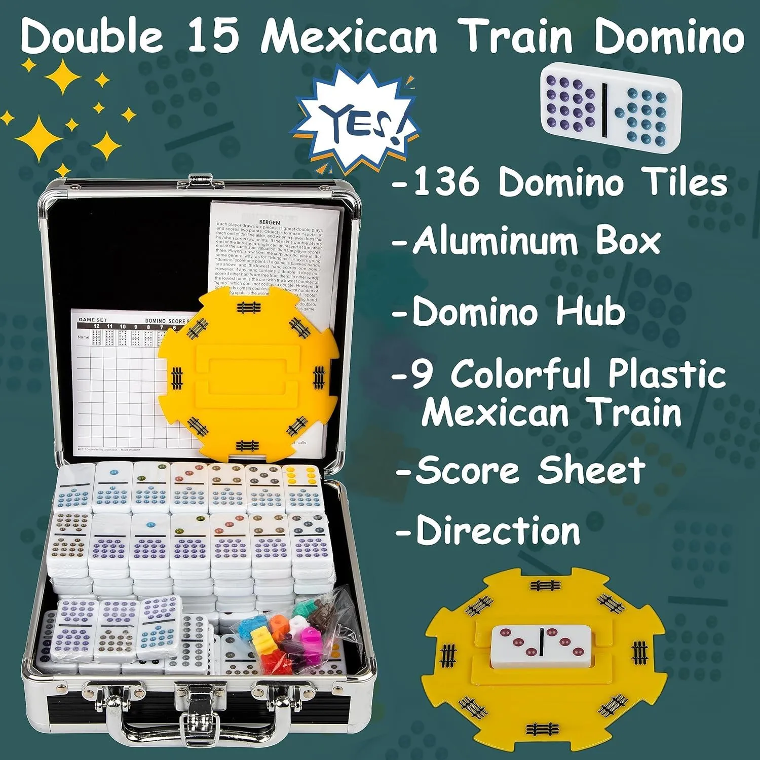 Dominoes Set for Adult, Double 15 Dominoes Set Double 15 Colored Dot Mexican Train Domino Set,Dominoes with Aluminum Case, 136 Tiles (2-10 Player)