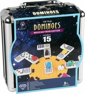 Dominoes Set for Adult, Double 15 Dominoes Set Double 15 Colored Dot Mexican Train Domino Set,Dominoes with Aluminum Case, 136 Tiles (2-10 Player)