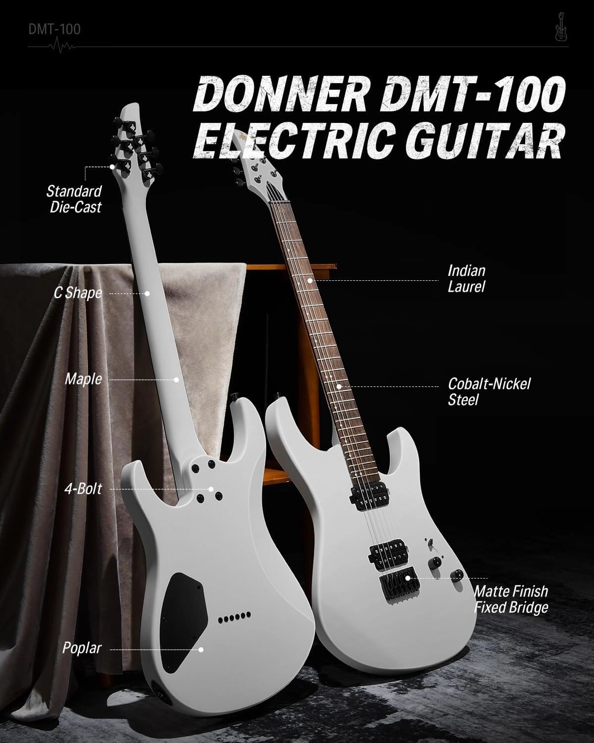 Donner Solid Body Electric Guitar, Matte Finish 39 Inch Metal Electric Guitar Beginner Kits with Bag, Strings, Strap, Cable, Strings Dampener for Rock Music Lover, DMT-100 (Matte White)