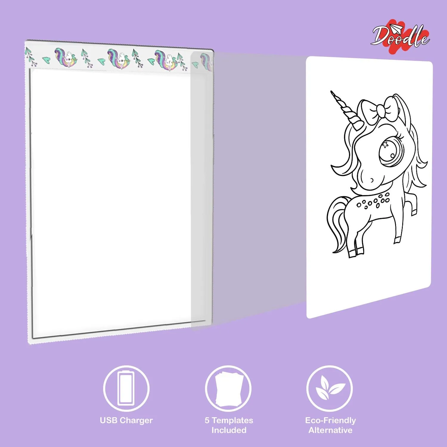Doodle A4 Ultra-Thin Portable LED Tracing Pad with USB Cable, Dinosaur or Unicorn