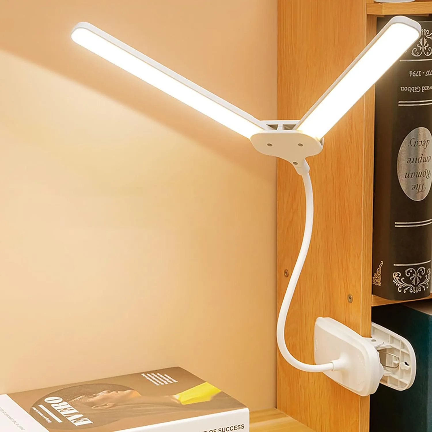 Dual Head LED Desk Lamp with Clamp, Eye-Caring Clip on Lights for Home Office, 4000mAh Rechargeable Battery Operated Table Lamps,3 Lighting Modes & Brightness Dimmer Light for Kids Students