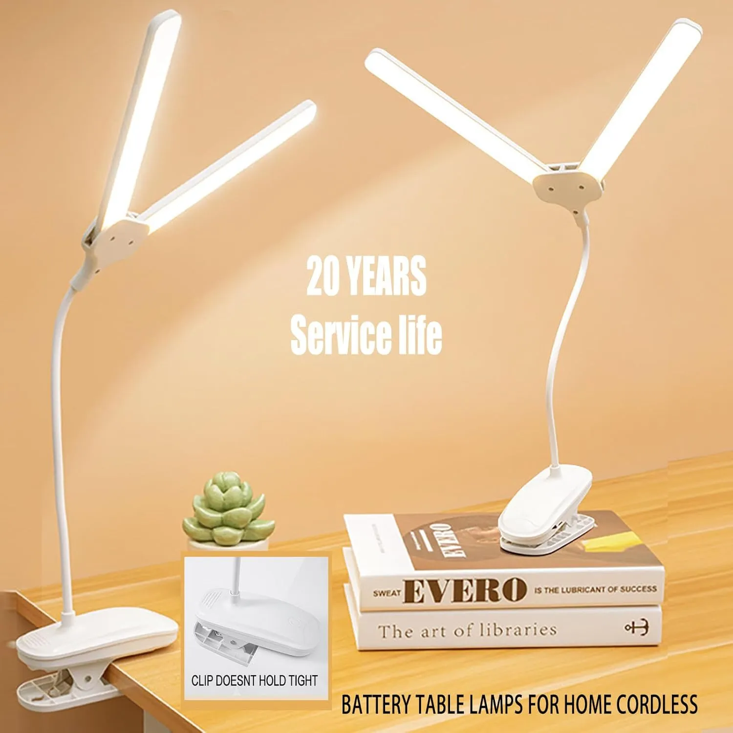 Dual Head LED Desk Lamp with Clamp, Eye-Caring Clip on Lights for Home Office, 4000mAh Rechargeable Battery Operated Table Lamps,3 Lighting Modes & Brightness Dimmer Light for Kids Students