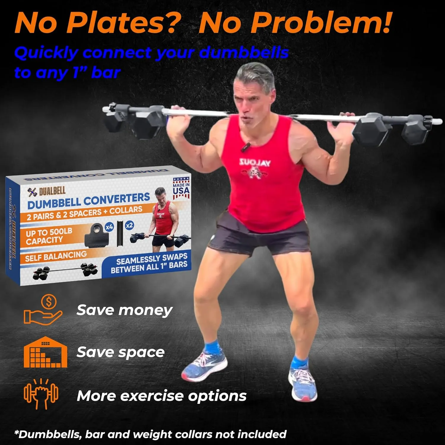 Dumbbell Converter- for 1" bars Superset Dumbbell to Barbell Adapters- hold up to 500lbs- Converts dumbbells for use on 1" diameter barbell