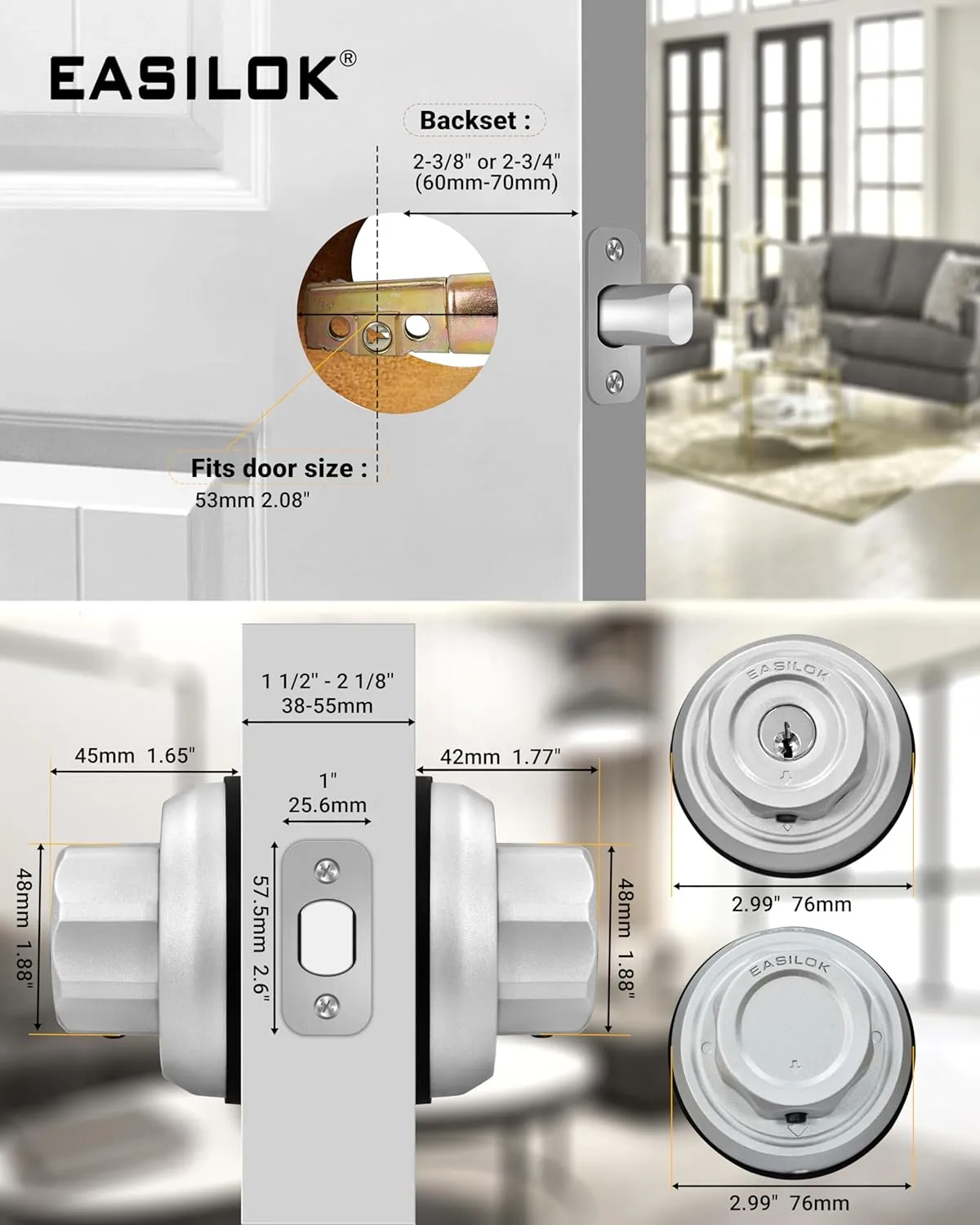 EASILOK Deadbolt Lock E4 Twist-to-Lock Front Door Lock Keyless Heavy Duty Single Cylinder Deadbolt High Security with Unpickable Night Latch &Anti-Mislock Button, Zinc Alloy, Silver