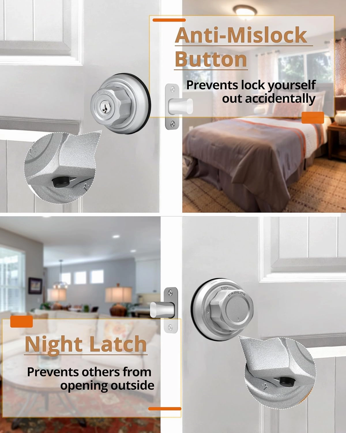 EASILOK Deadbolt Lock E4 Twist-to-Lock Front Door Lock Keyless Heavy Duty Single Cylinder Deadbolt High Security with Unpickable Night Latch &Anti-Mislock Button, Zinc Alloy, Silver