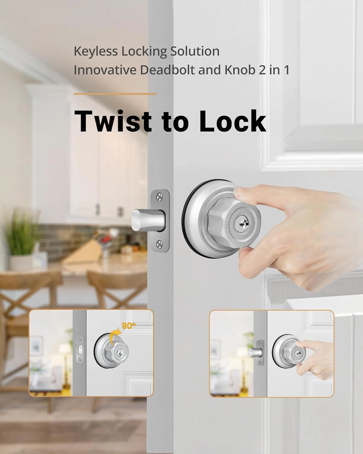 EASILOK Deadbolt Lock E4 Twist-to-Lock Front Door Lock Keyless Heavy Duty Single Cylinder Deadbolt High Security with Unpickable Night Latch &Anti-Mislock Button, Zinc Alloy, Silver