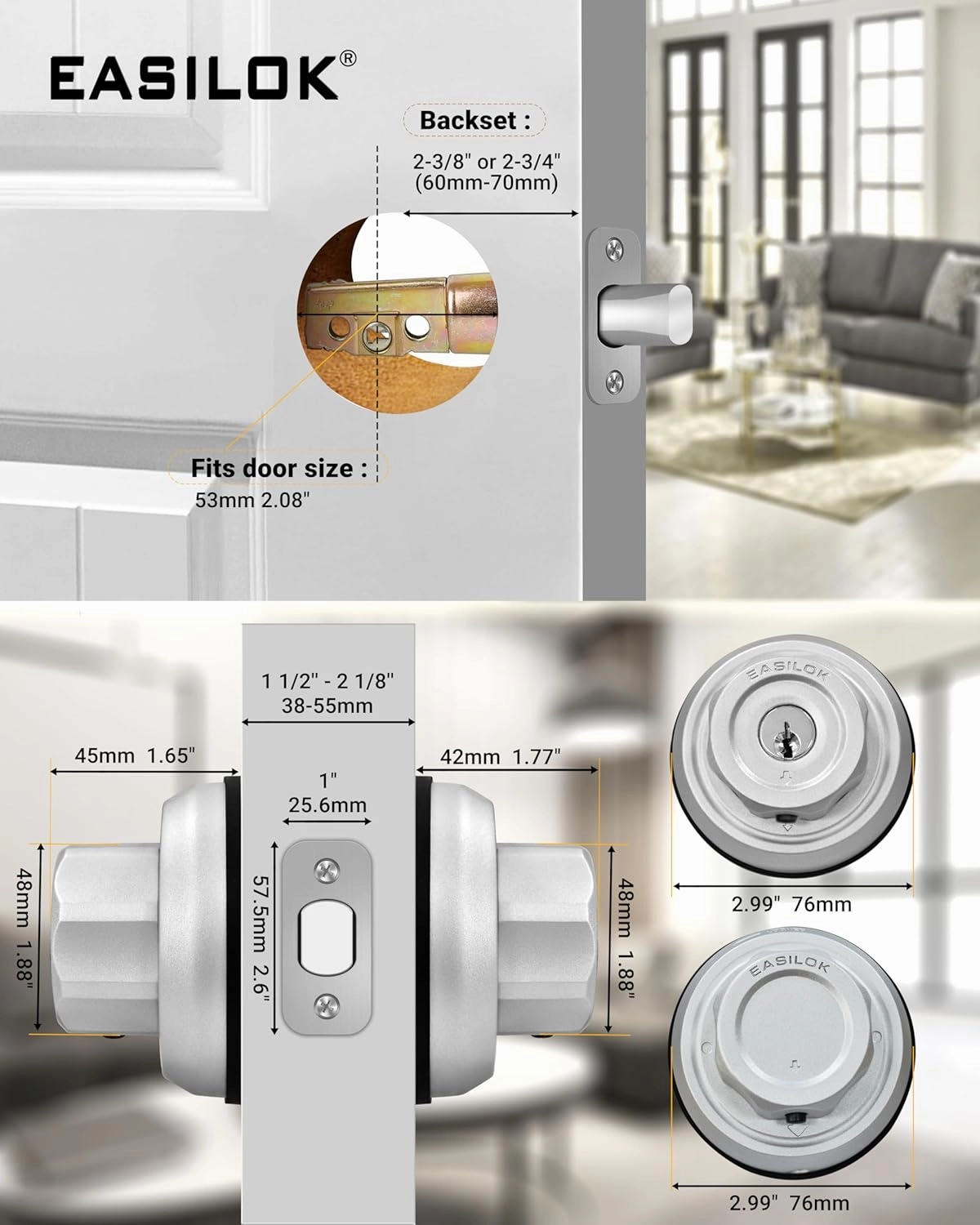 EASILOK Deadbolt Lock E4 Twist-to-Lock Front Door Lock Keyless Heavy Duty Single Cylinder Deadbolt High Security with Unpickable Night Latch &Anti-Mislock Button, Zinc Alloy, Silver