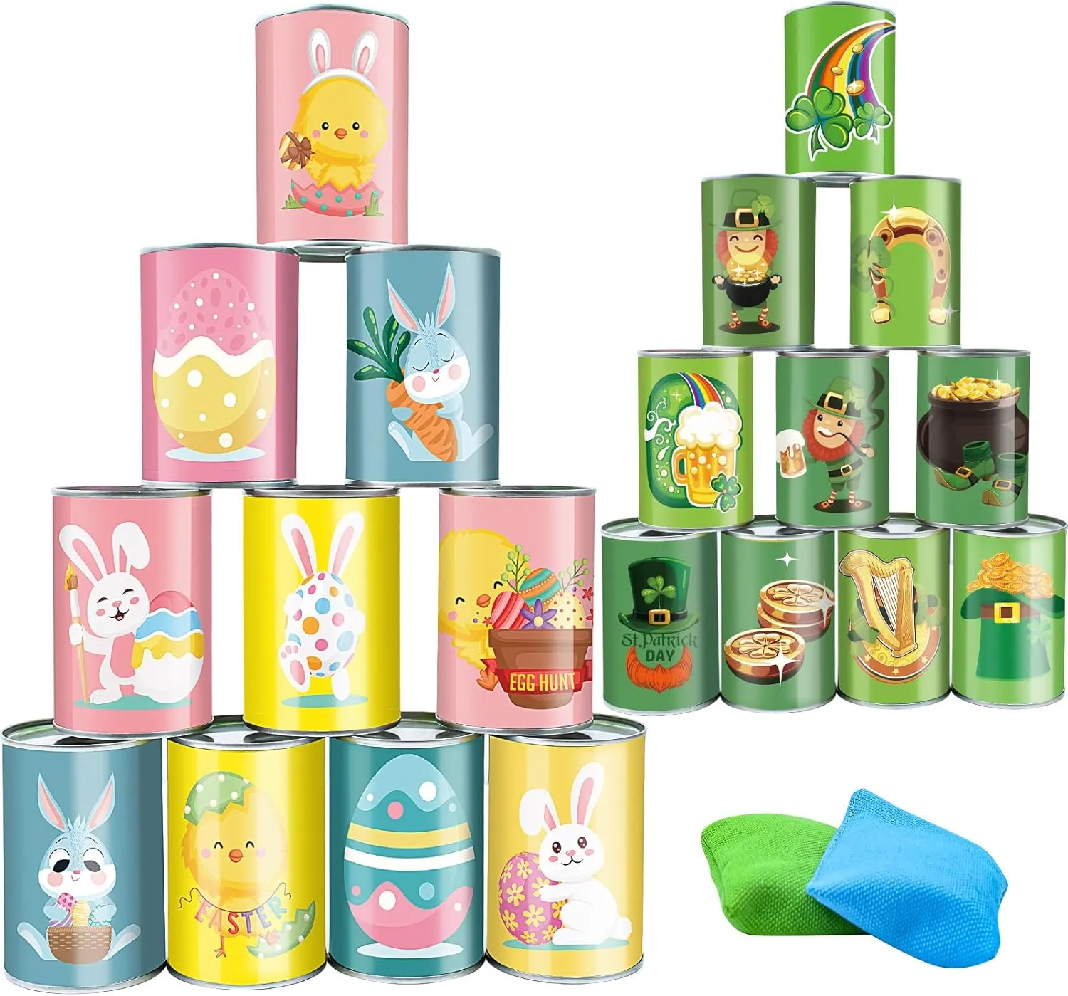 Easter Bean Bag Toss Game Carnival Party Toss Game St. Patrick's Day Throwing Knockdown Can Game with 10 Cans 2 Sandbags for Easter St. Patrick's Day Party Family Game Kids Adults