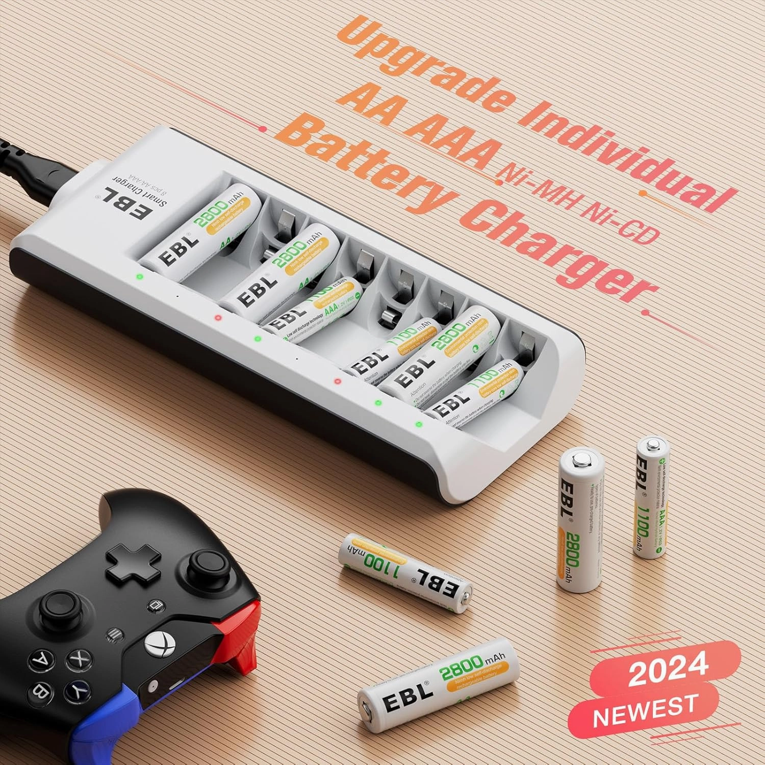 EBL 2800mAh Ni-MH AA Rechargeable Batteries (8 Pack) and Rechargeable AA AAA Battery Charger
