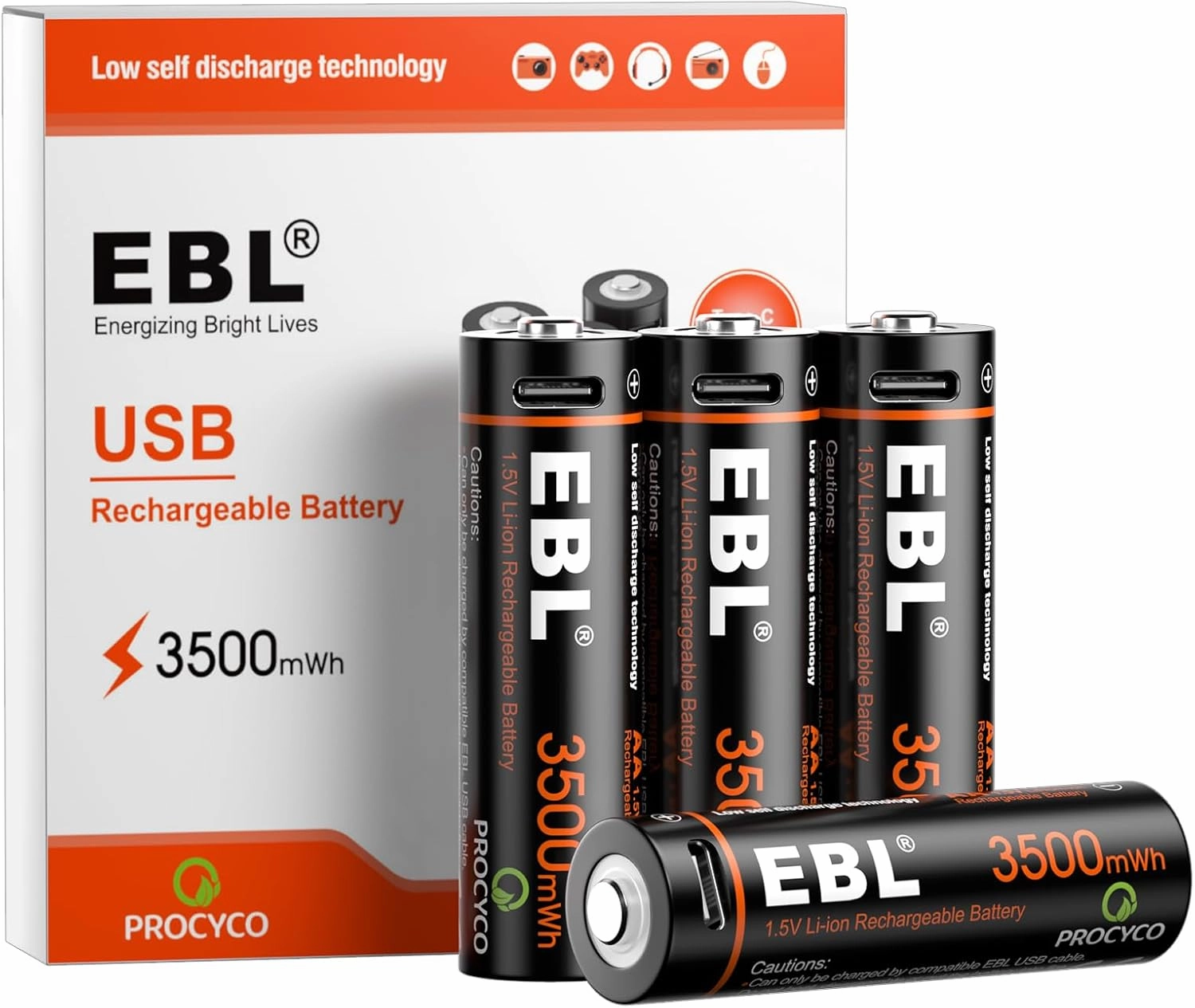 EBL Lithium AA Batteries 4 Pack, Rechargeable Double A Battery 1.5V 3500mWh with USB-C Cable, 2H Fast Charge, Over 1600 Cycles