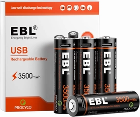 EBL Lithium AA Batteries 4 Pack, Rechargeable Double A Battery 1.5V 3500mWh with USB-C Cable, 2H Fast Charge, Over 1600 Cycles