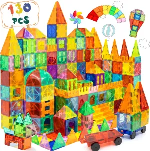 EchoPlan Magnetic Tiles,Deluxe 130 PCS Magnetic Blocks with 2 Cars,Magnet Tiles Building Blocks Set,STEM Preschool Sensory Educational Toys Gifts for Toddlers Kids Boys 3 4 5 6 7 8 9  Year Old