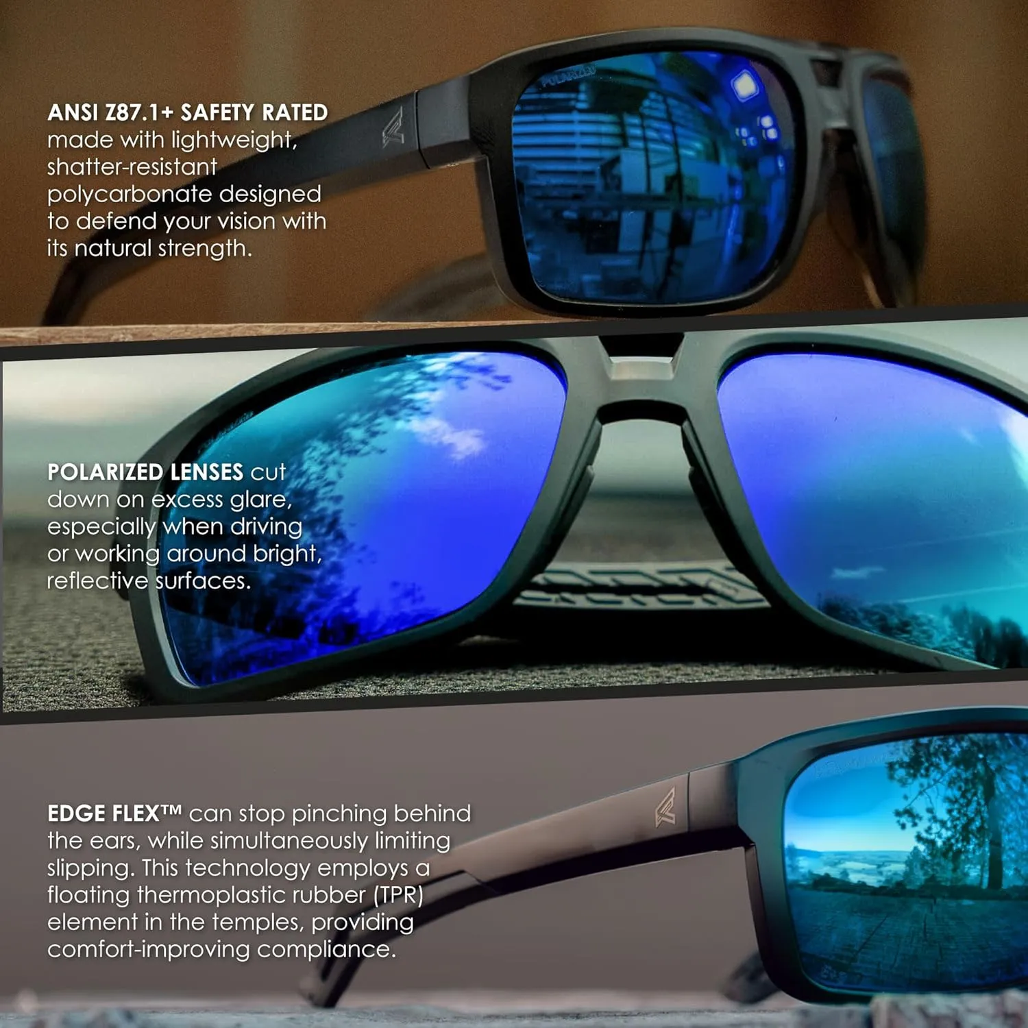 EDGE Highline ANSI Z87 Safety Sunglasses for Men, Polarized for Fishing, Mirrored Tinted Lenses Eyewear, 99% UV Protection