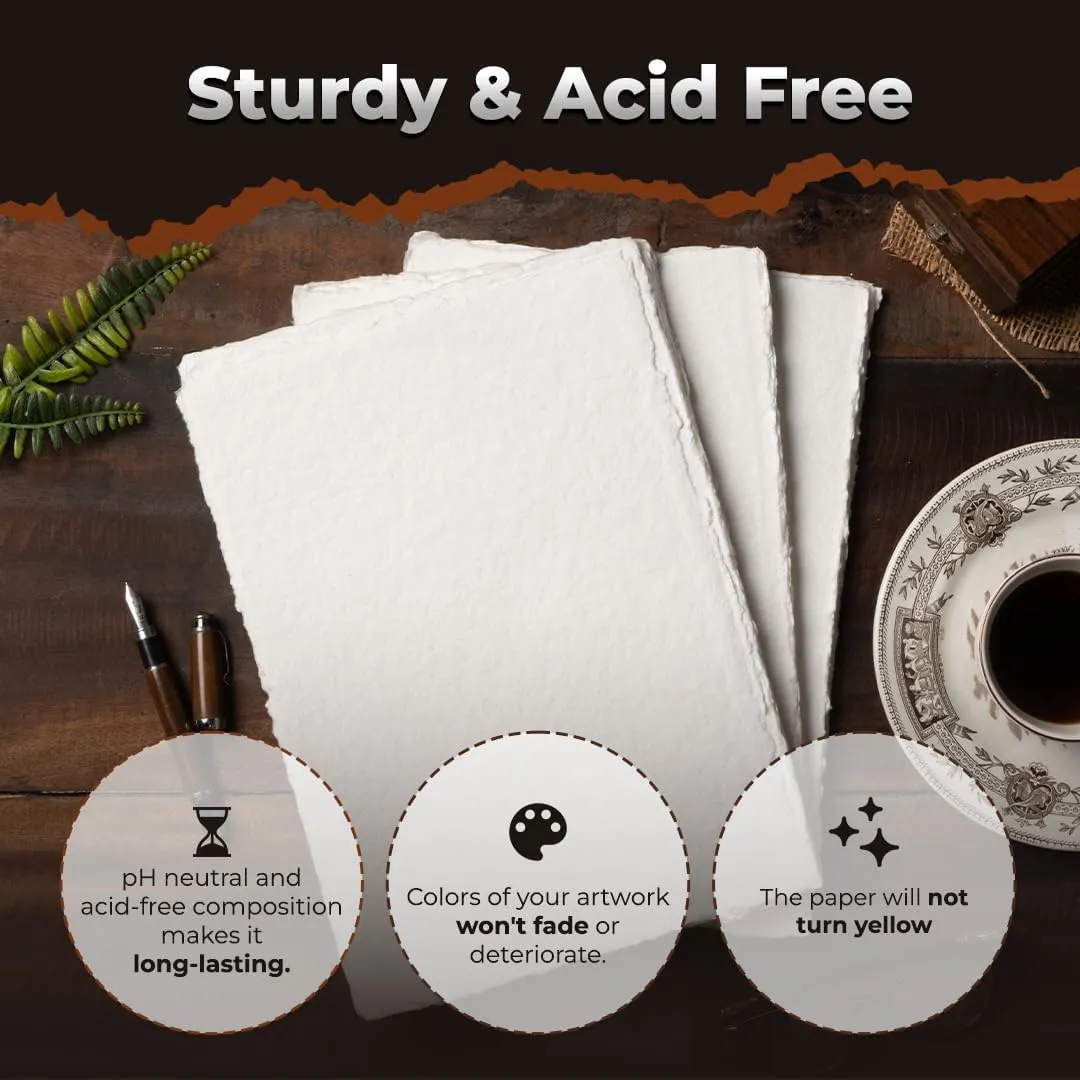 Egyptian Cotton Vintage Paper - 400 GSM, 40 Sheets, Deckled Edge, Textured for Drawing & Sketching