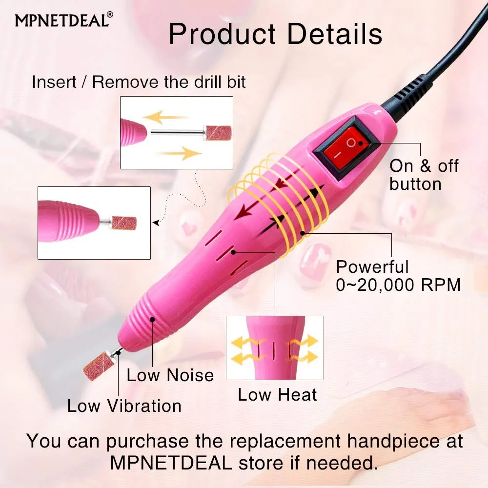Electric Nail Drills Machine e File Dremel buffers Sanding Bands Bits for Acrylic Nails Gel Polish Glazing Art Set Polisher Grinder Filer Manicure Pedicure Kit máquina uñas acrilicas Pink