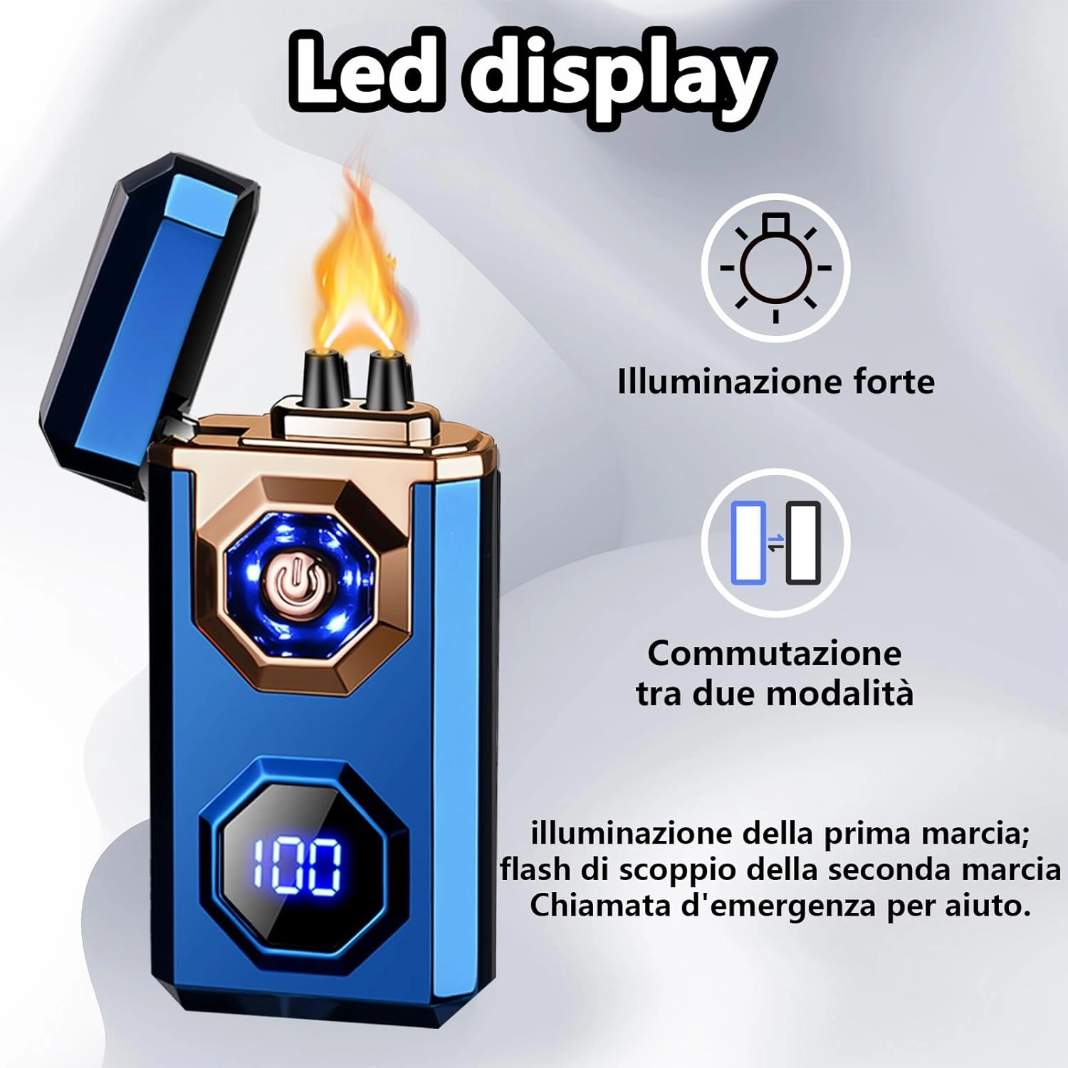Electric Lighter Type-C Arc Plasma Lighters Rechargeable Windproof Lighter with LED Battery Display and LED Lighting for Camping, Scented Candles(Blue Glossy)