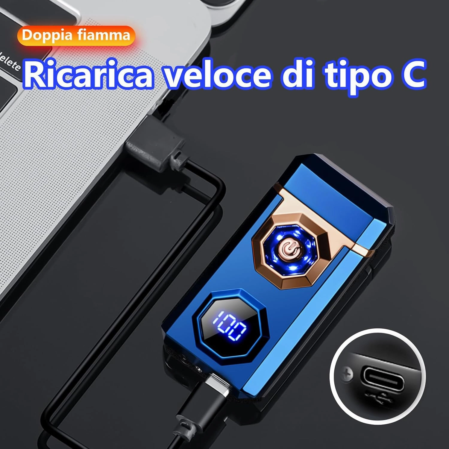 Electric Lighter Type-C Arc Plasma Lighters Rechargeable Windproof Lighter with LED Battery Display and LED Lighting for Camping, Scented Candles(Blue Glossy)