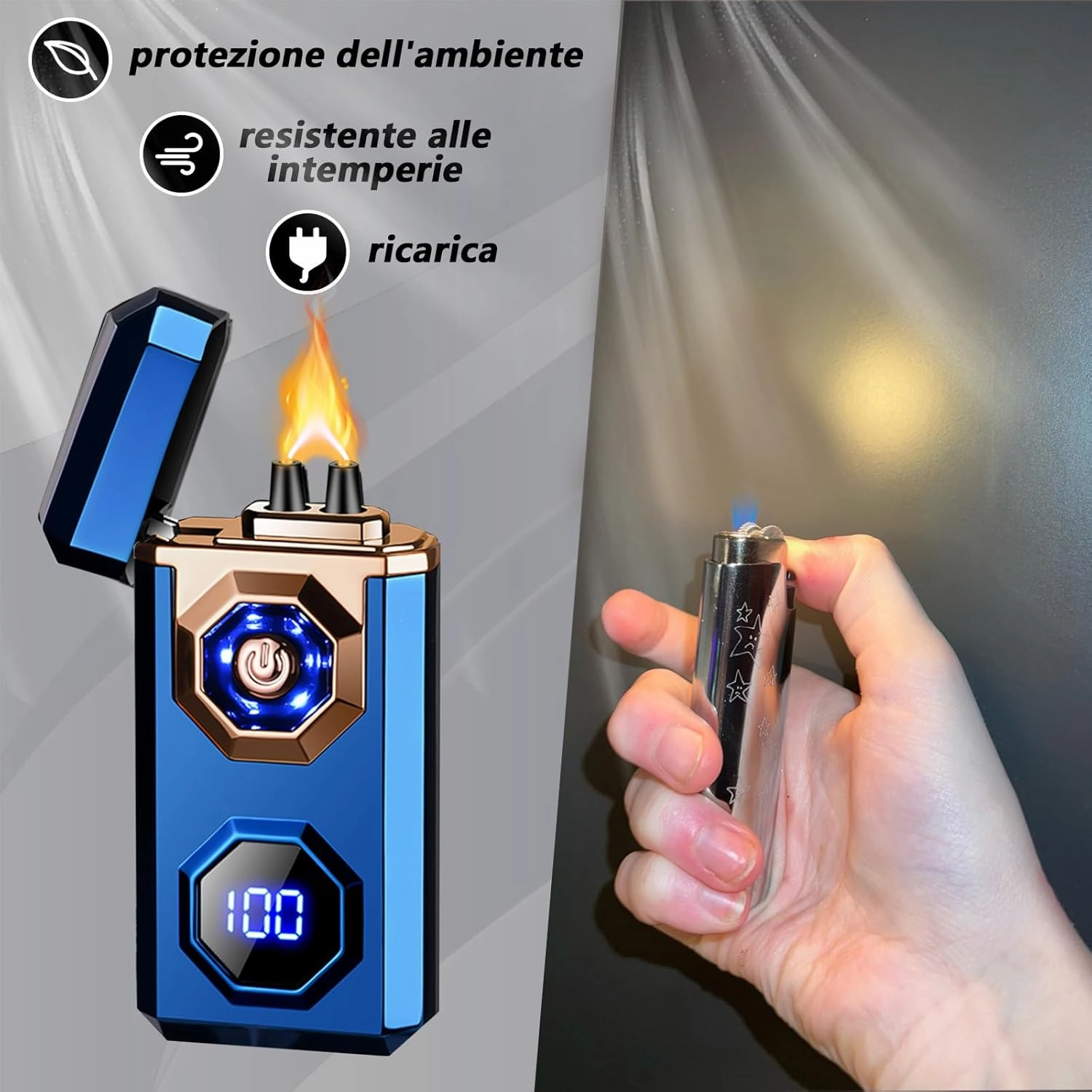 Electric Lighter Type-C Arc Plasma Lighters Rechargeable Windproof Lighter with LED Battery Display and LED Lighting for Camping, Scented Candles(Blue Glossy)