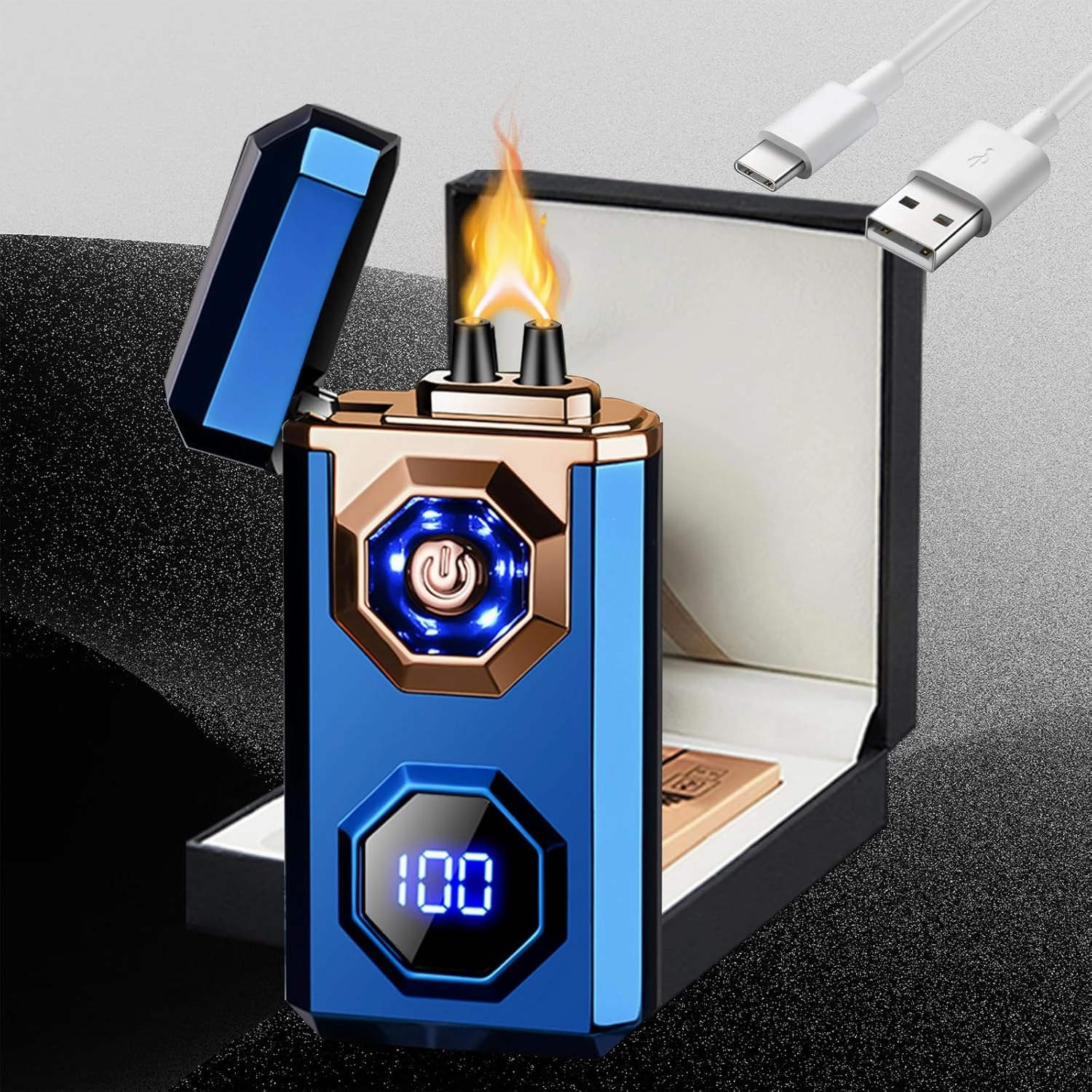 Electric Lighter Type-C Arc Plasma Lighters Rechargeable Windproof Lighter with LED Battery Display and LED Lighting for Camping, Scented Candles(Blue Glossy)