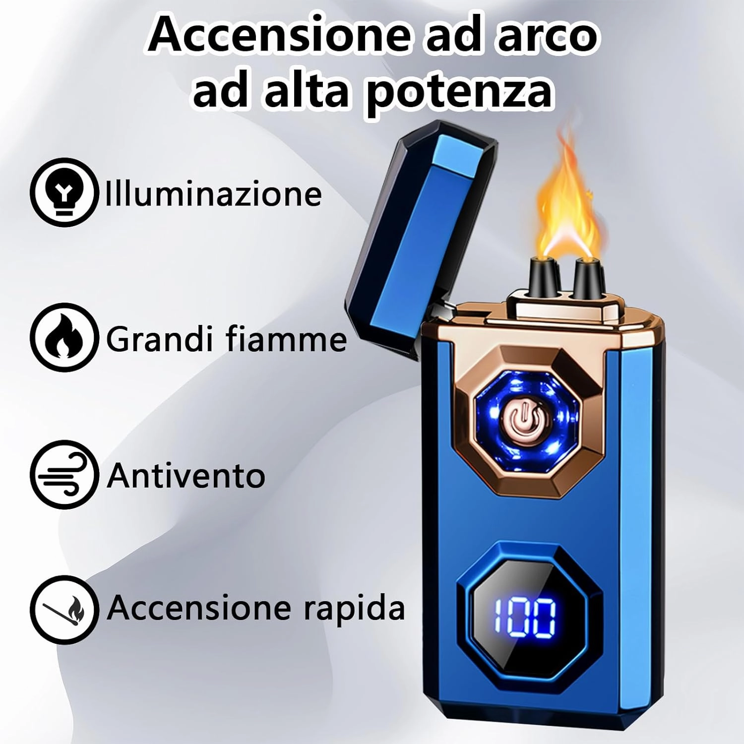 Electric Lighter Type-C Arc Plasma Lighters Rechargeable Windproof Lighter with LED Battery Display and LED Lighting for Camping, Scented Candles(Blue Glossy)
