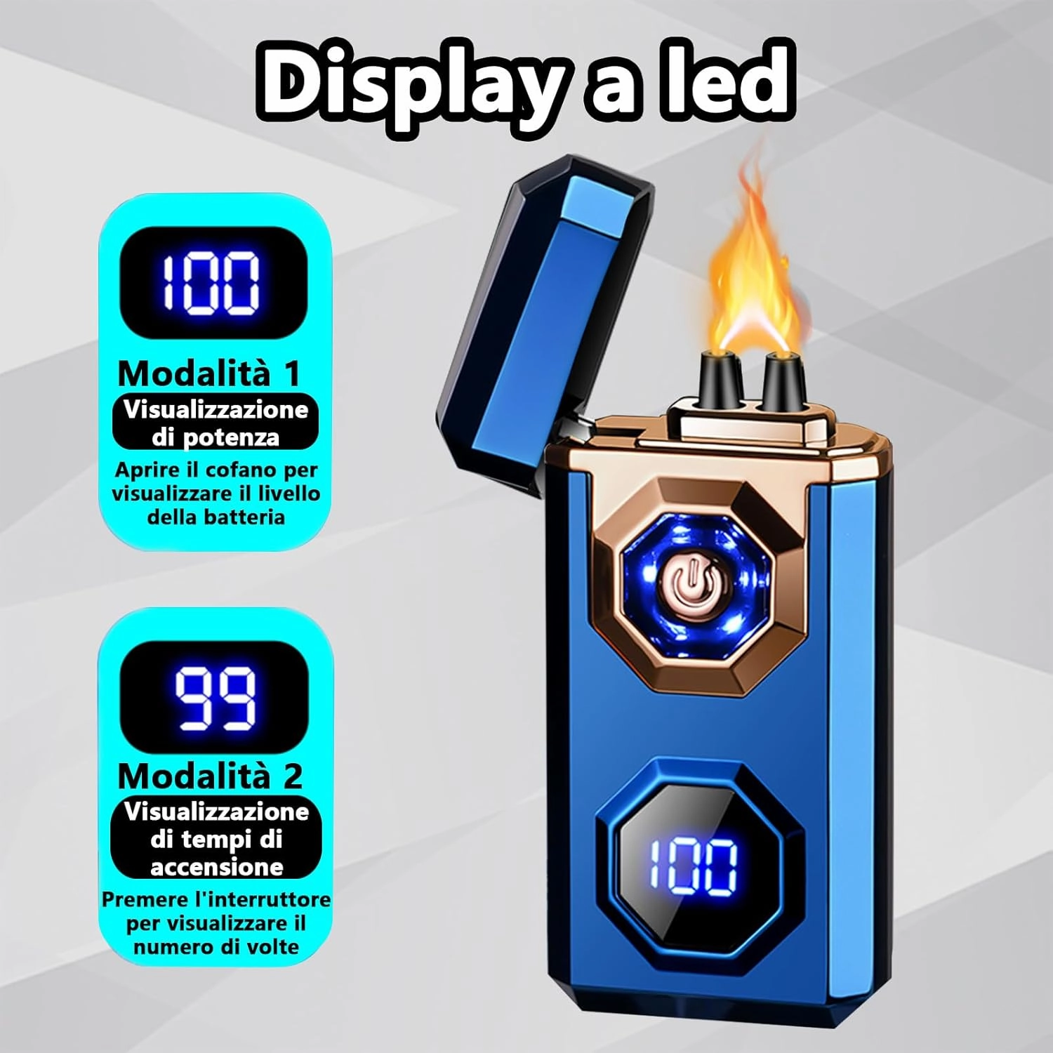 Electric Lighter Type-C Arc Plasma Lighters Rechargeable Windproof Lighter with LED Battery Display and LED Lighting for Camping, Scented Candles(Blue Glossy)