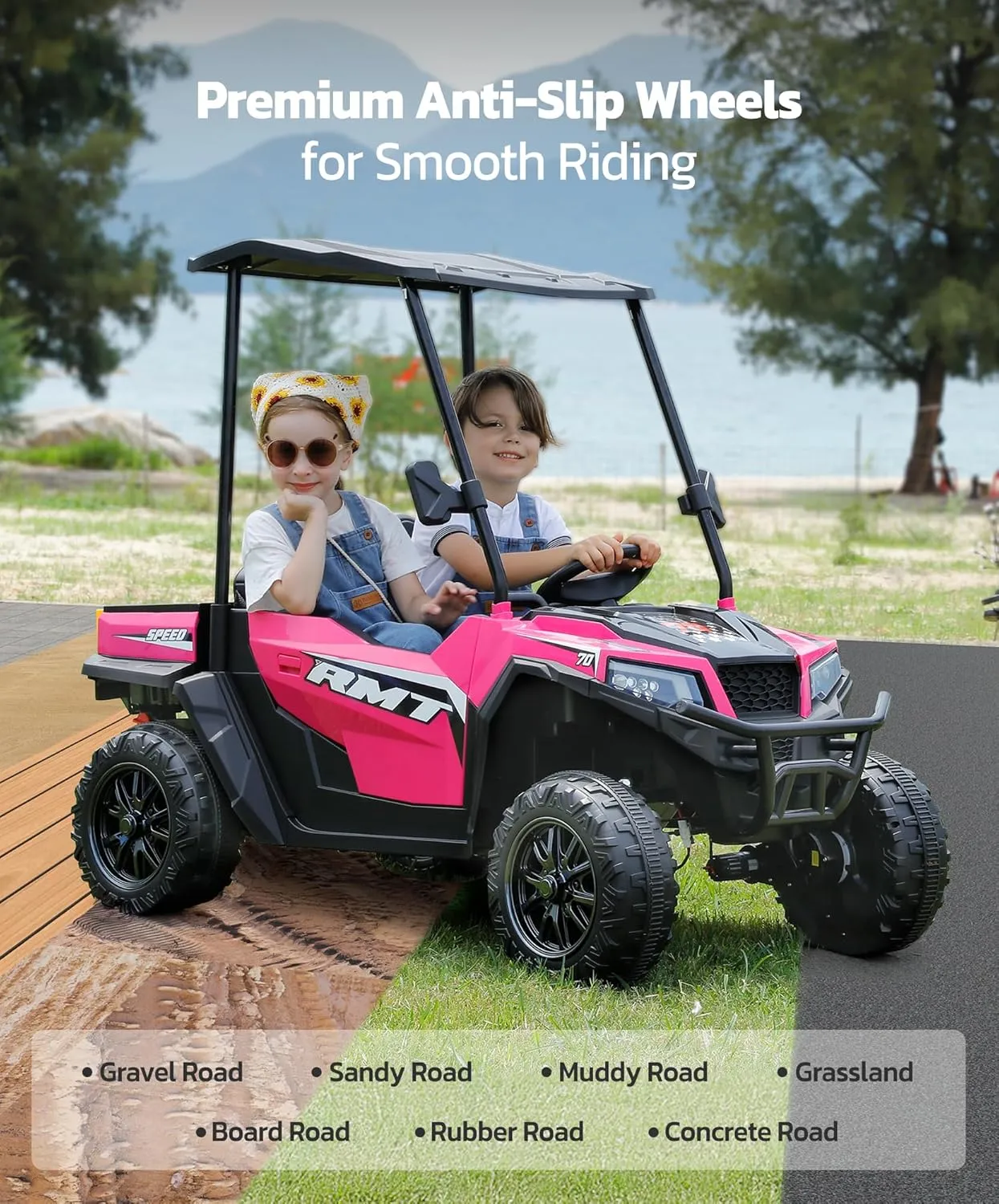 ELEMARA 24V Ride on Toy for Big Kid,Ride on Car 2 Seater w/Sun Shade,Dump Bed & Shovel,4.5MPH,4WD Electric Car for Kids,Battery Car w/Remote,Kids Ride on Truck,3 Speeds,LED Lights,Bluetooth, Pink