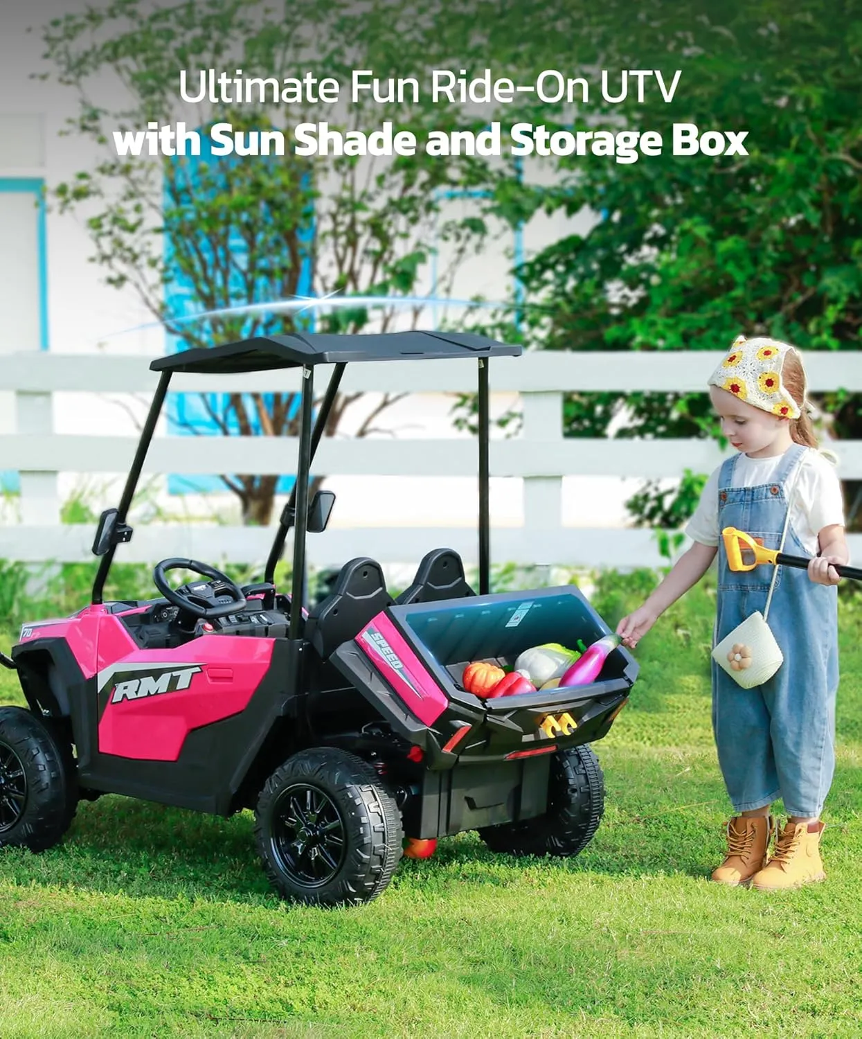 ELEMARA 24V Ride on Toy for Big Kid,Ride on Car 2 Seater w/Sun Shade,Dump Bed & Shovel,4.5MPH,4WD Electric Car for Kids,Battery Car w/Remote,Kids Ride on Truck,3 Speeds,LED Lights,Bluetooth, Pink