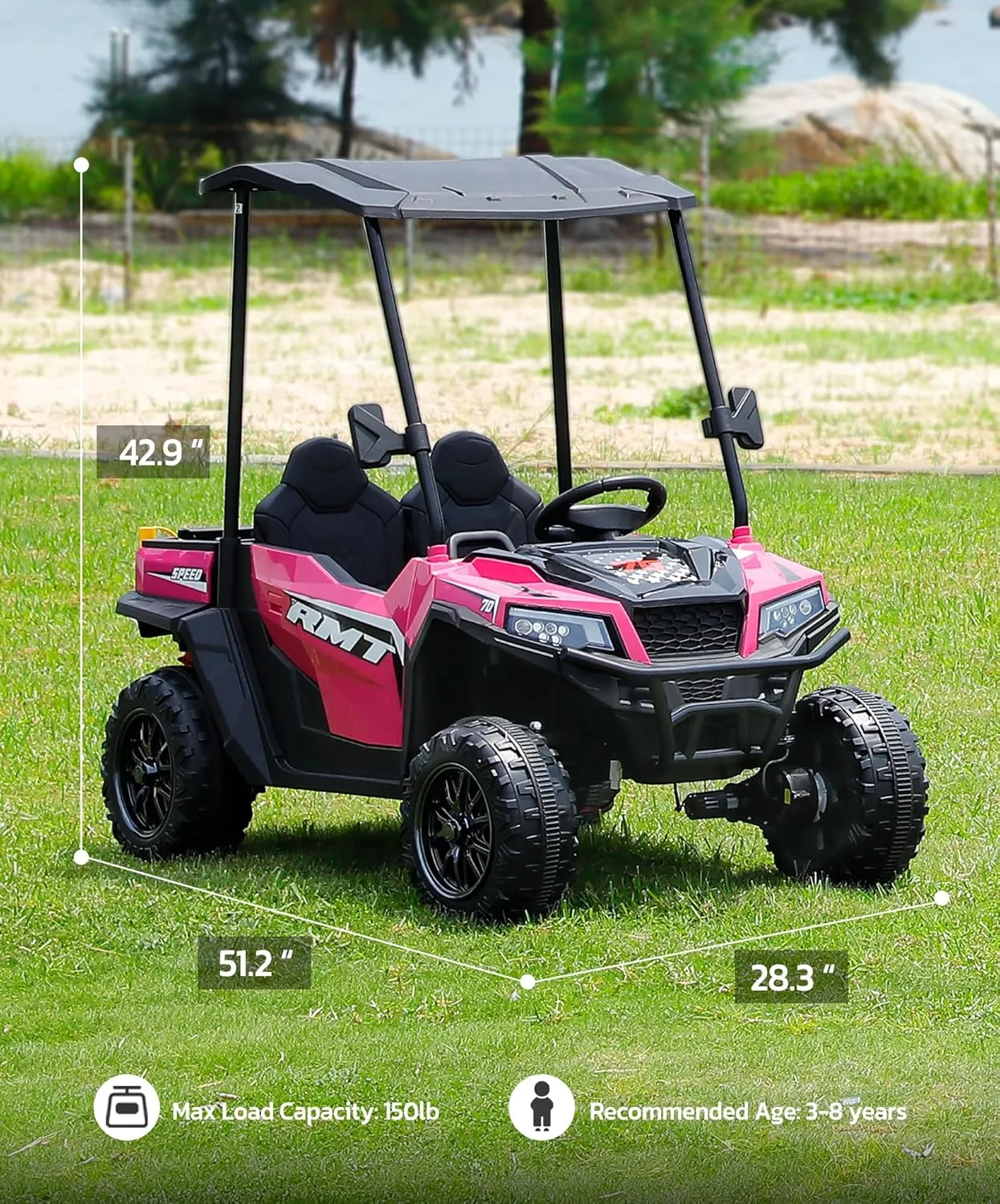 ELEMARA 24V Ride on Toy for Big Kid,Ride on Car 2 Seater w/Sun Shade,Dump Bed & Shovel,4.5MPH,4WD Electric Car for Kids,Battery Car w/Remote,Kids Ride on Truck,3 Speeds,LED Lights,Bluetooth, Pink